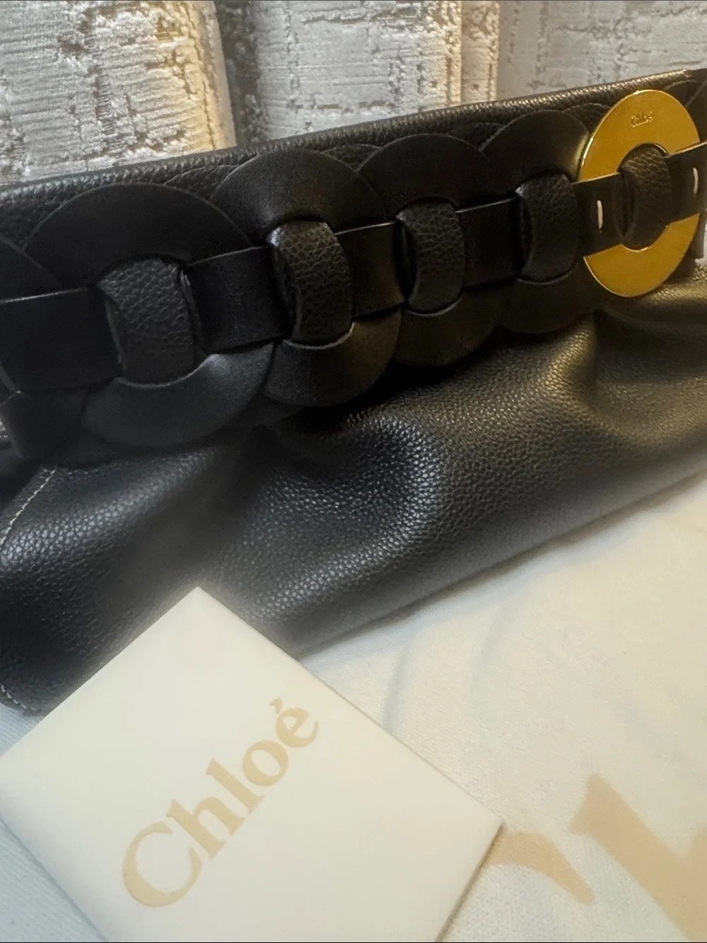 Chloé Black Pebbled Leather Clutch with Gold Disc Accent BRAND NEW with tags